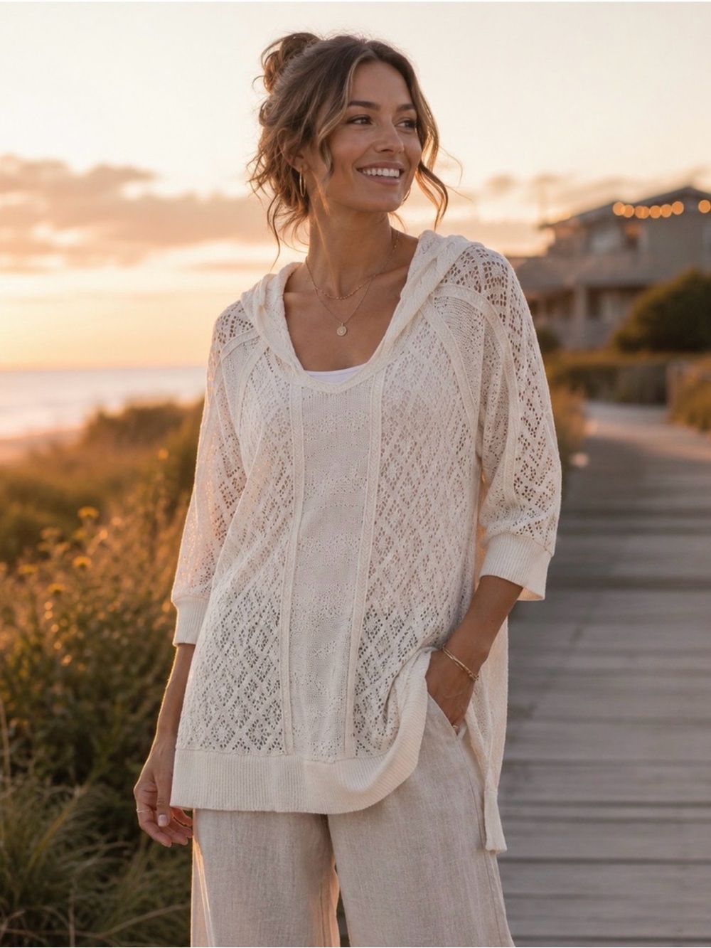 Anthropologie Meadow Rue Cream Open Knit Hooded Tunic Sweater Pullover Size XS